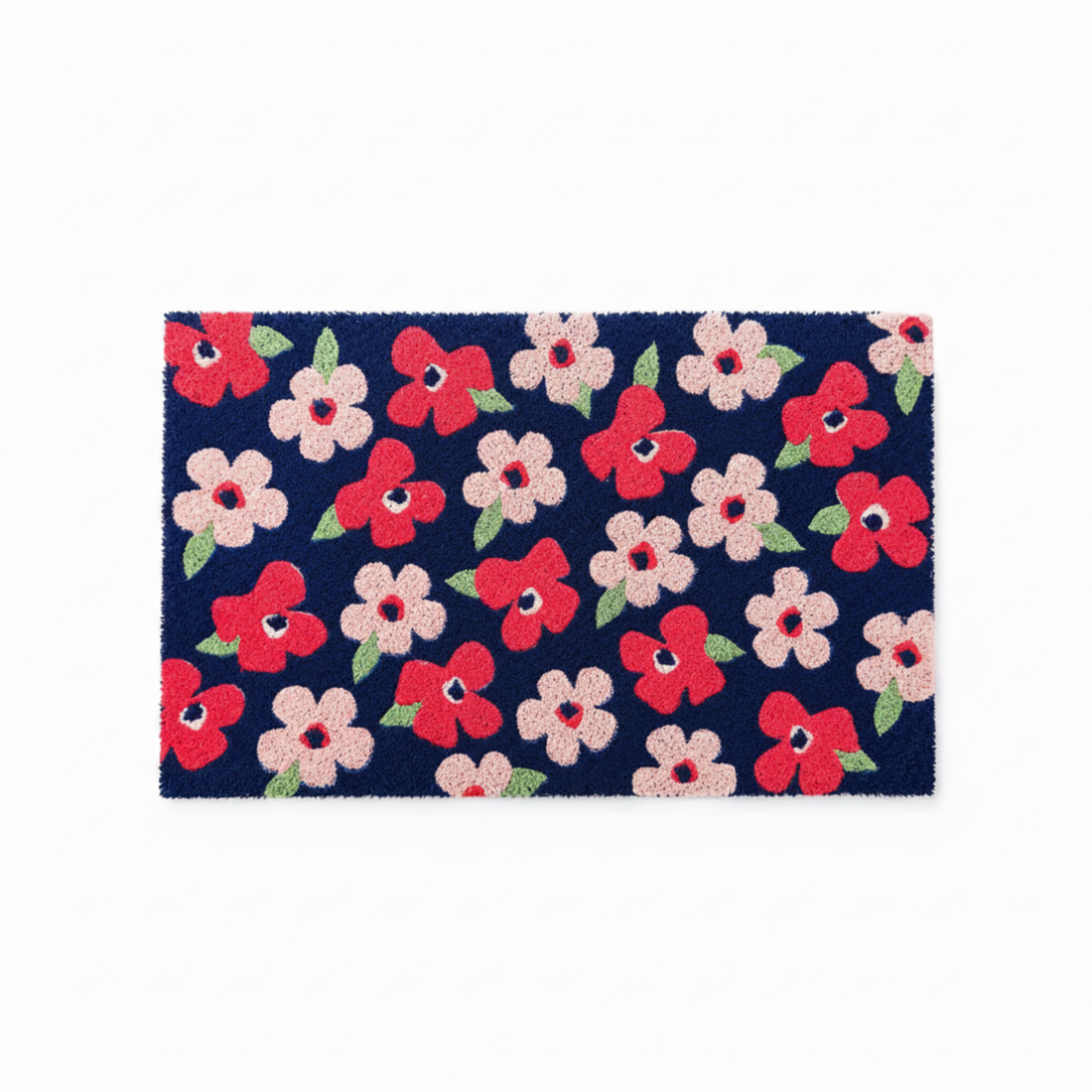 A rectangular navy blue rug with a repeating pattern of red and light pink flowers with green leaves, shown flat against a white background.