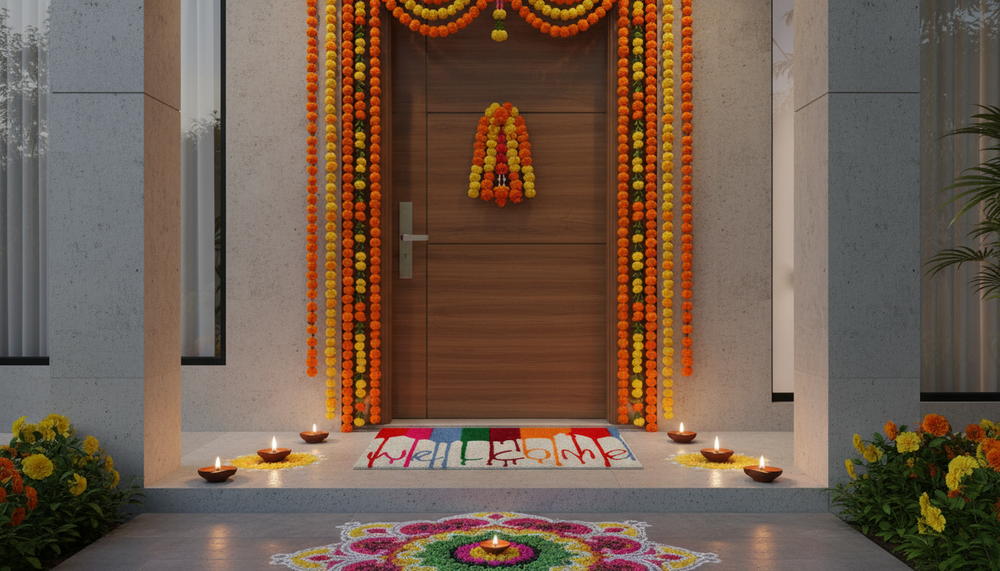 Decorative entrance with flowers, candles, and a colorful mat on a door.