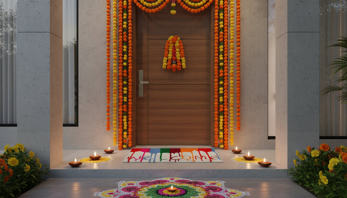 Decorative entrance with flowers, candles, and a colorful mat on a door.
