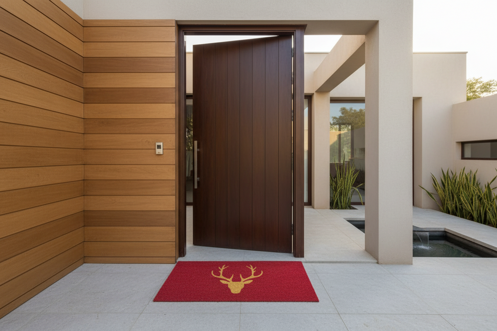 Red doormat with a deer design in front of a modern house entrance.