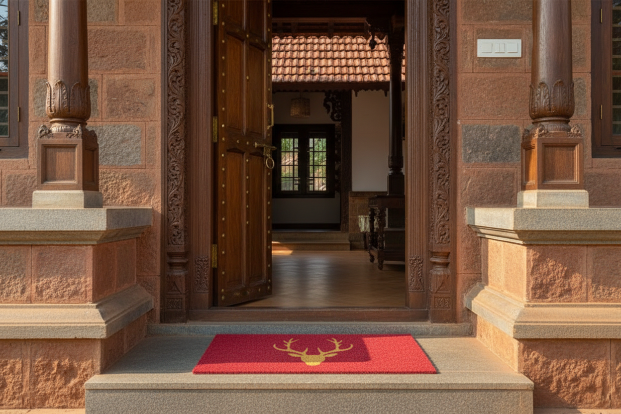 Red doormat with a gold deer design in front of an ornate wooden door.