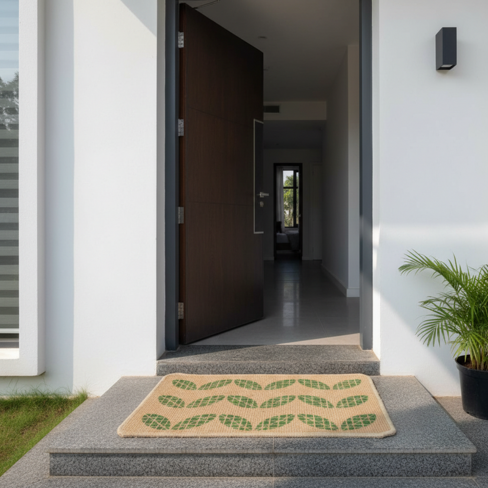 Modern house entrance with a jute doormat featuring green leaf patterns.