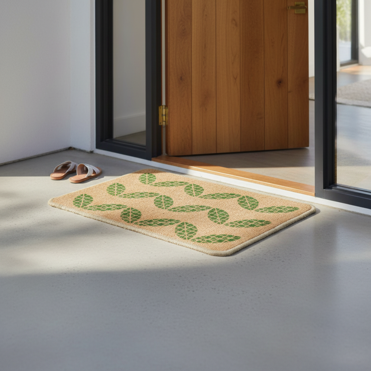 Jute doormat with green pattern on a gray floor in front of a wooden door.