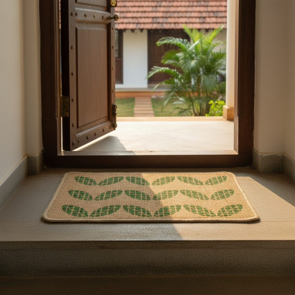 
                      
                        Jute doormat with leaf pattern on a threshold leading to an outdoor area.
                      
                    