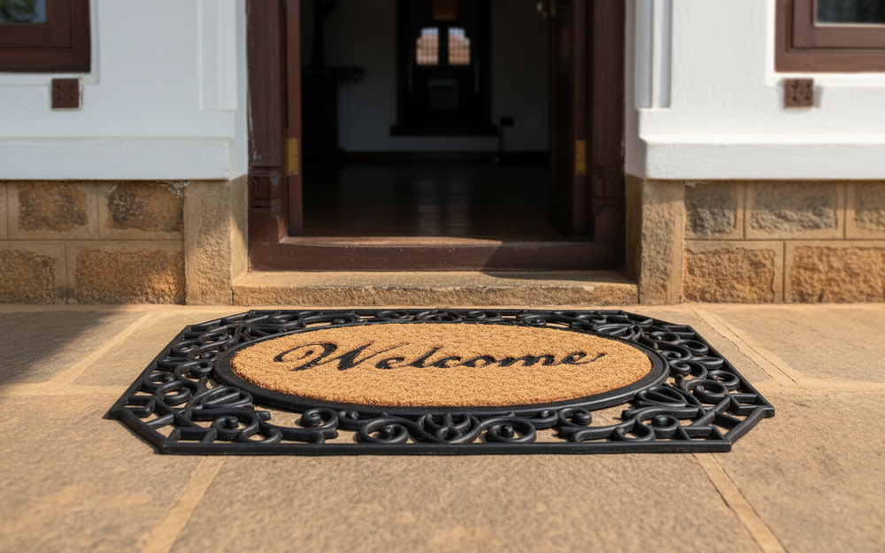 OnlyMat Elegant Oval Shaped "Welcome" Printed Natural Coir Mat With Large Black Moulded Rubber Border