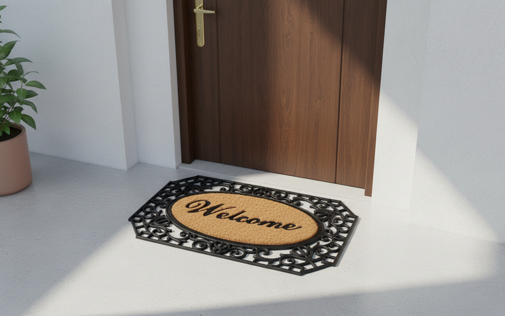 OnlyMat Elegant Oval Shaped "Welcome" Printed Natural Coir Mat With Large Black Moulded Rubber Border