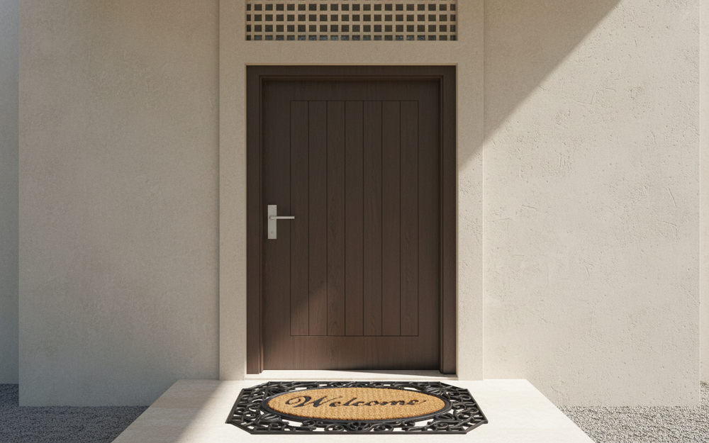 Brown door with a Coco Rubber 'Welcome' doormat in front of a light-colored wall.