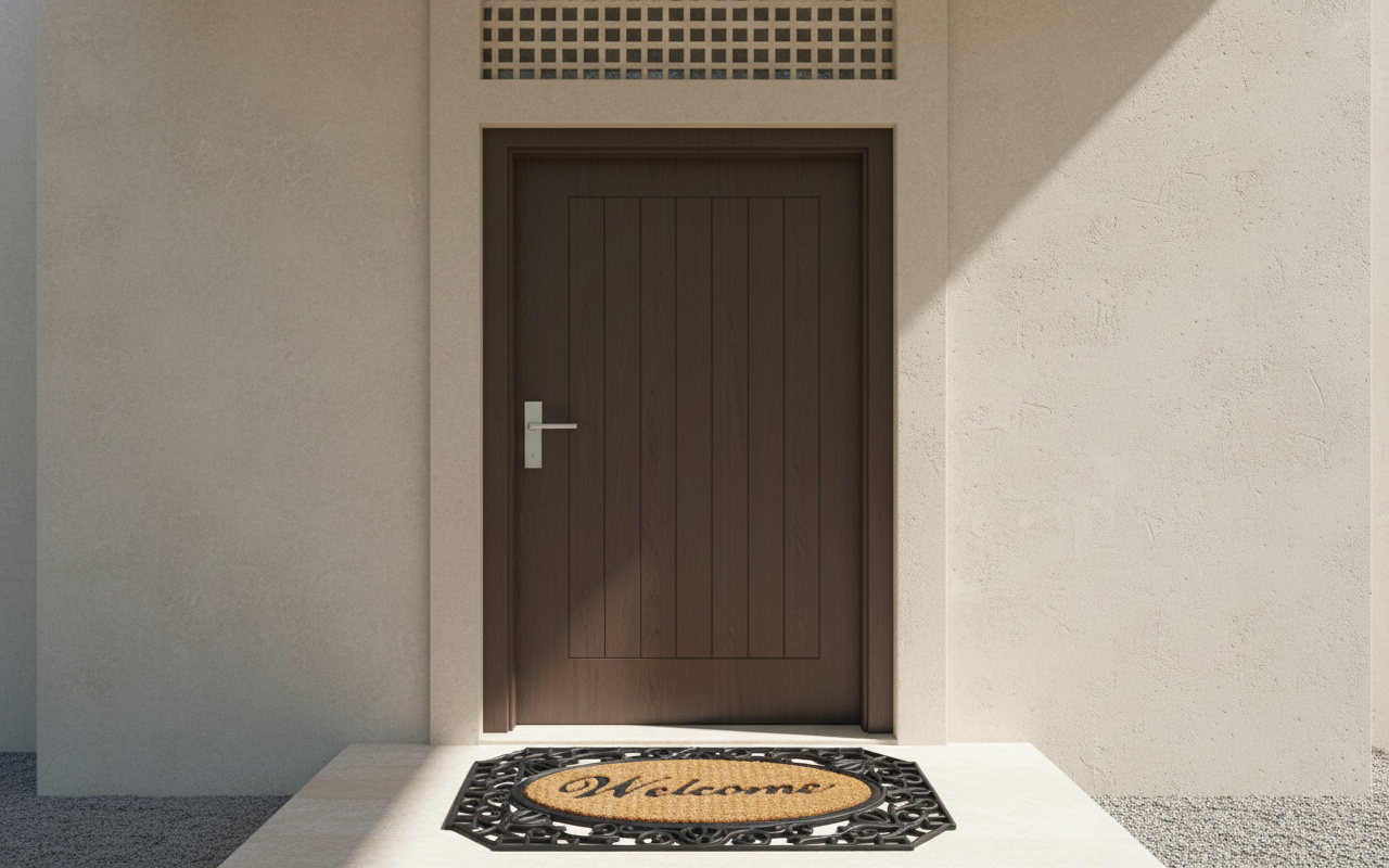 Brown door with a Coco Rubber 'Welcome' doormat in front of a light-colored wall.