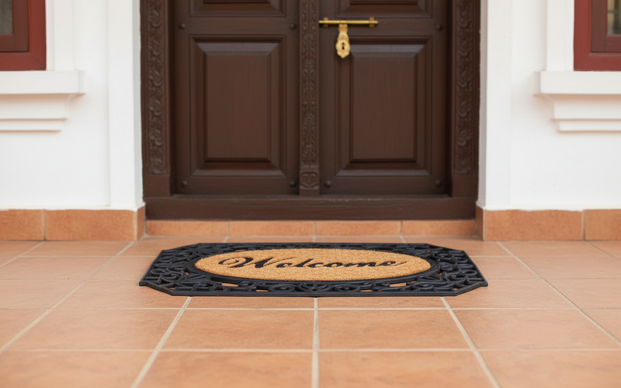 Coc Rubber Doormat with 'Welcome' text in front of a brown door on a tiled floor.