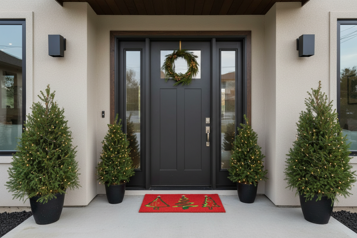 Modern front door with wreath and potted plants on a white porch