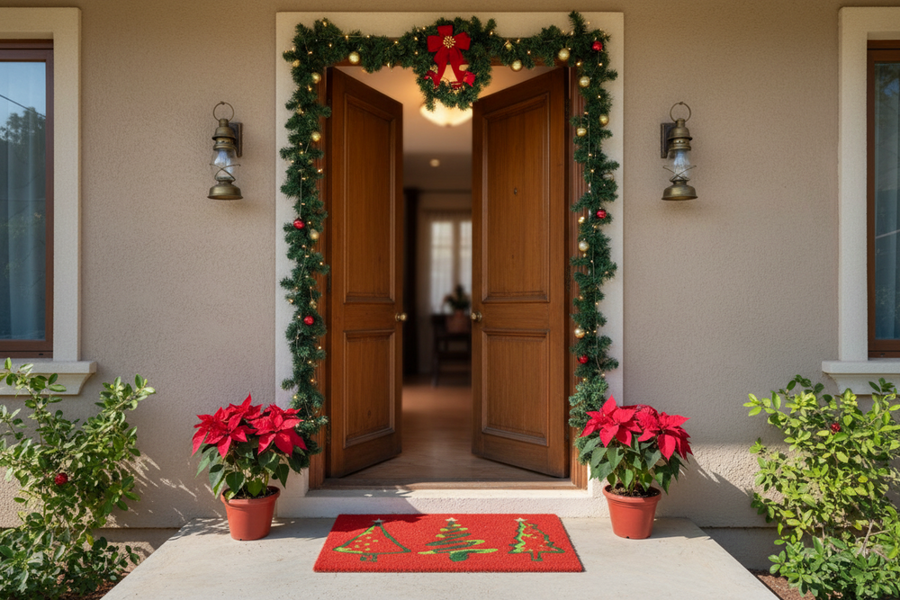 Decorated front door with Christmas garland, lights, and poinsettias on a house exterior.