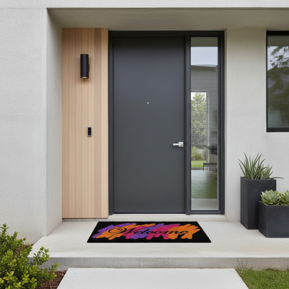 OnlyMat बहुरंगी स्वागत मुद्रित काले प्राकृतिक कॉयर दरवाजा चटाई