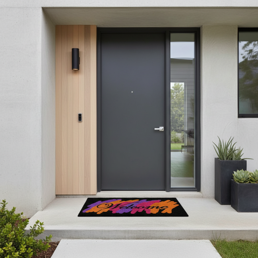 OnlyMat बहुरंगी स्वागत मुद्रित काले प्राकृतिक कॉयर दरवाजा चटाई