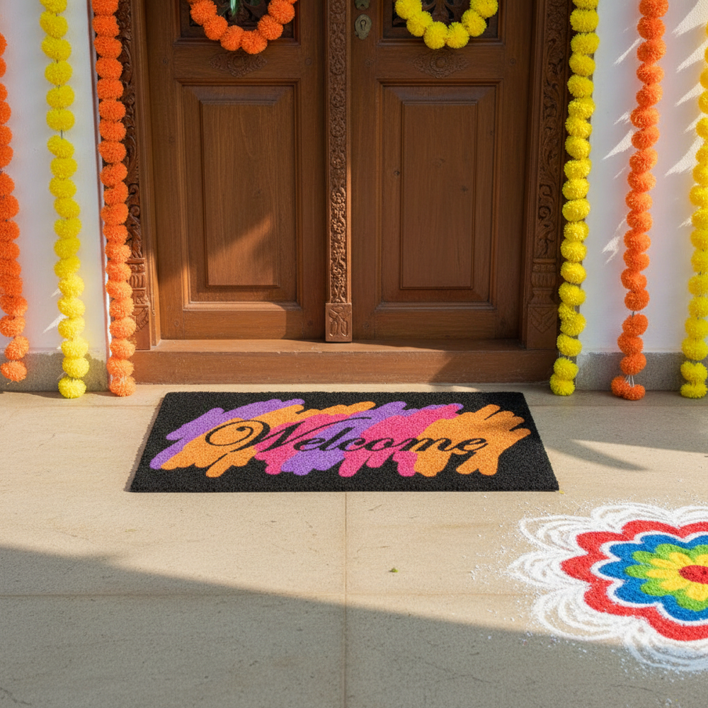 OnlyMat बहुरंगी स्वागत मुद्रित काले प्राकृतिक कॉयर दरवाजा चटाई