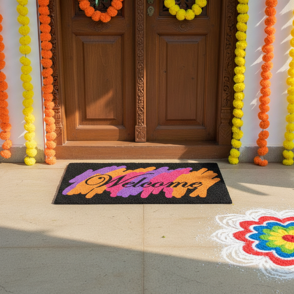 OnlyMat बहुरंगी स्वागत मुद्रित काले प्राकृतिक कॉयर दरवाजा चटाई