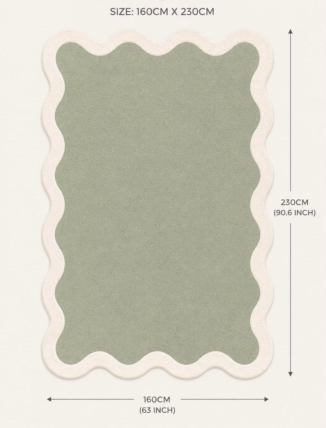 
                      
                        Green rug with scalloped edge and measurements on a white background
                      
                    