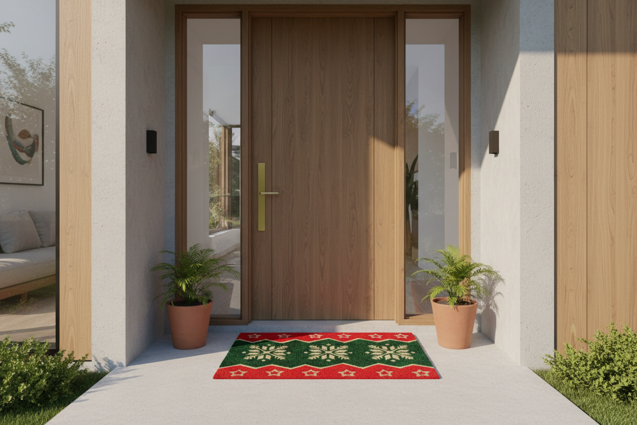 Front door of a house with a decorative doormat featuring Christmas patterns, flanked by potted plants.