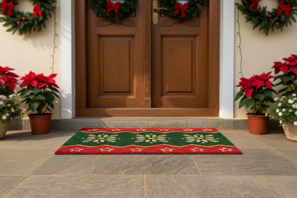 Front door with Christmas decorations, including wreaths and poinsettias, on a stone patio.