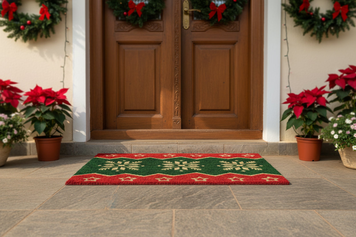 Front door with Christmas decorations, including wreaths and poinsettias, on a stone patio.