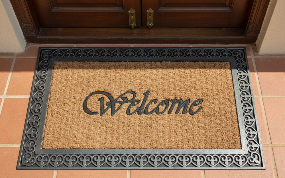 Coco Rubber Doormat with 'Welcome' text on a tiled floor in front of a wooden door.