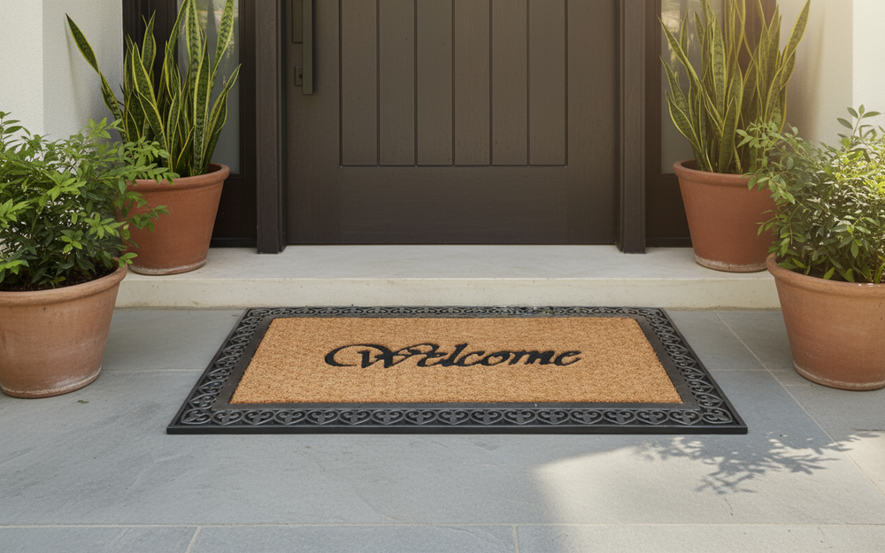 Coco Rubber Doormat with 'Welcome' text on a front porch with potted plants.