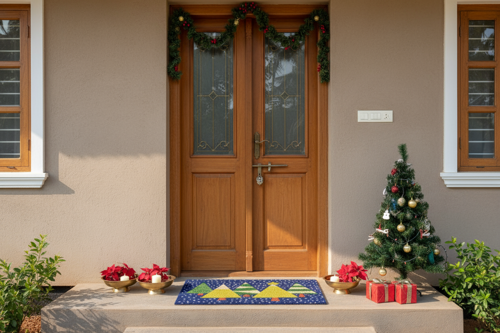 OnlyMat Modern Geometric Christmas Tree Coir Mat with Anti-Slip Backing