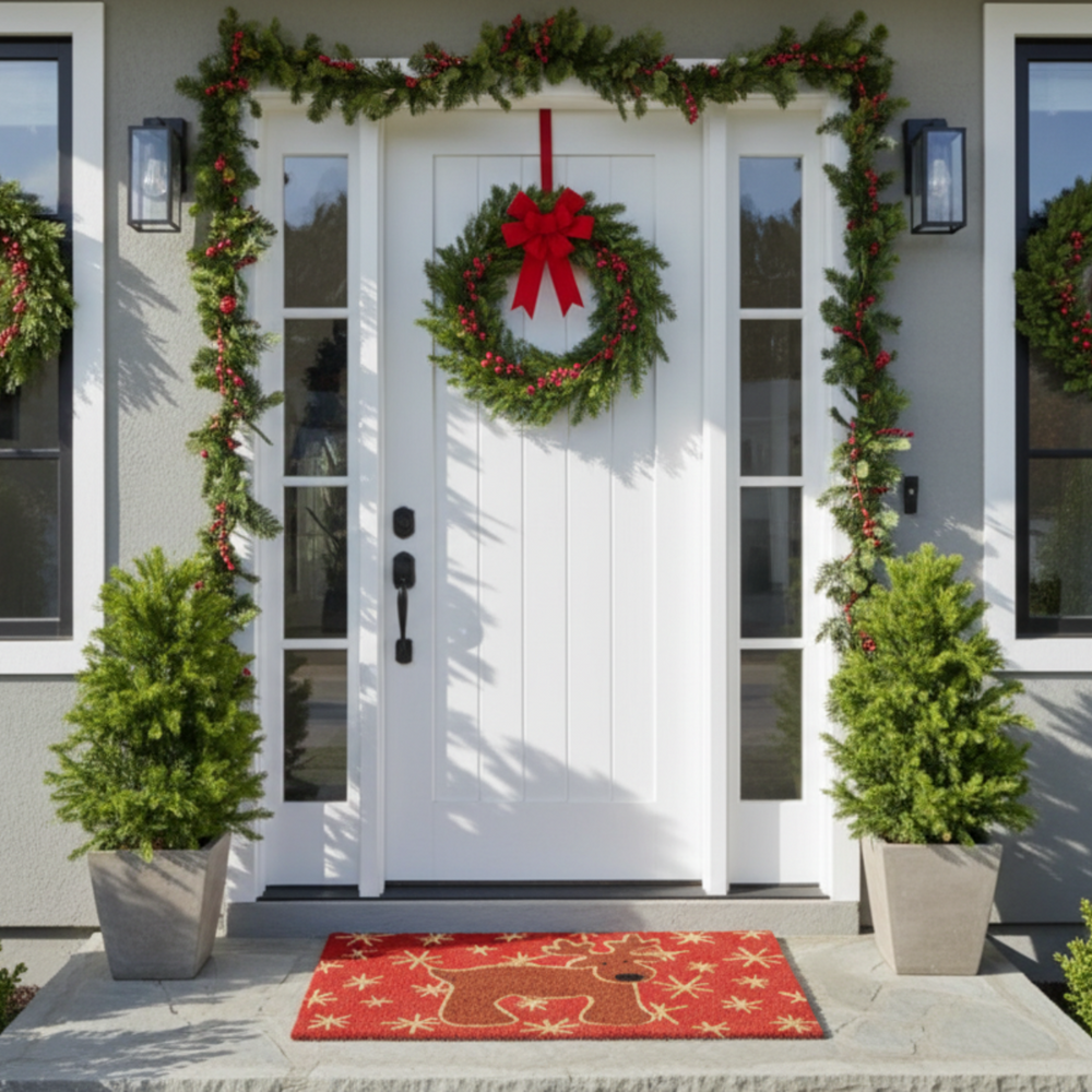 Front door of a house decorated with Christmas wreaths and garlands, flanked by potted plants.