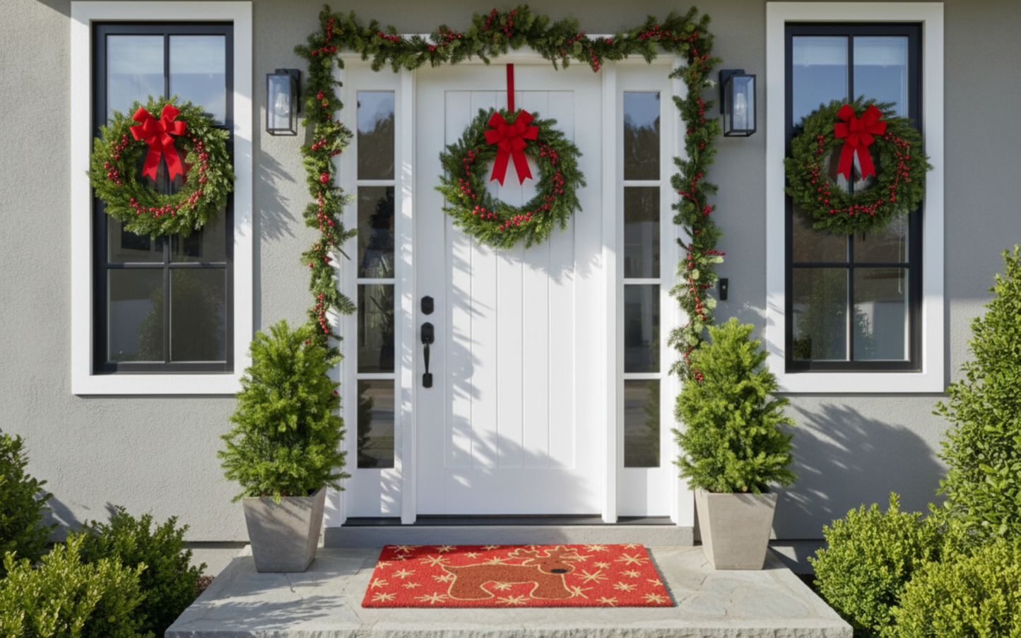Front door of a house decorated with Christmas wreaths and garlands, flanked by potted plants.