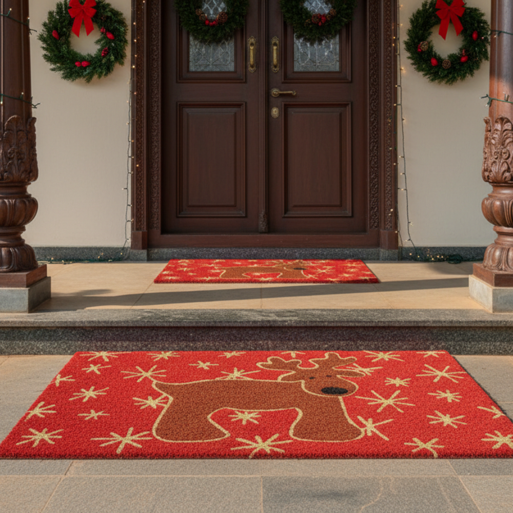 Red doormat with reindeer design in front of a house entrance