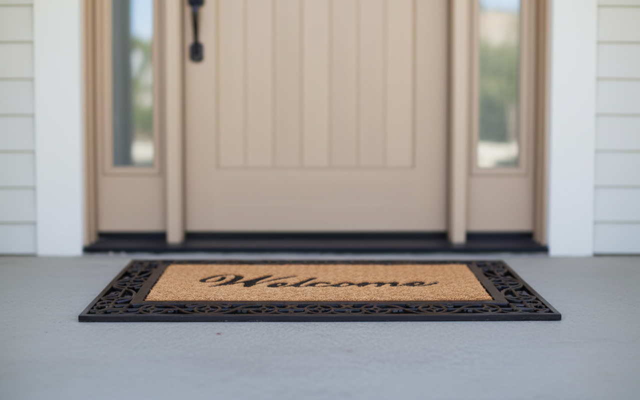 Coco Rubber Doormat with 'Welcome' text in front of a beige door.