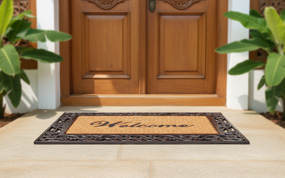 Wooden door with a Coco Rubber 'Welcome' mat on a stone porch