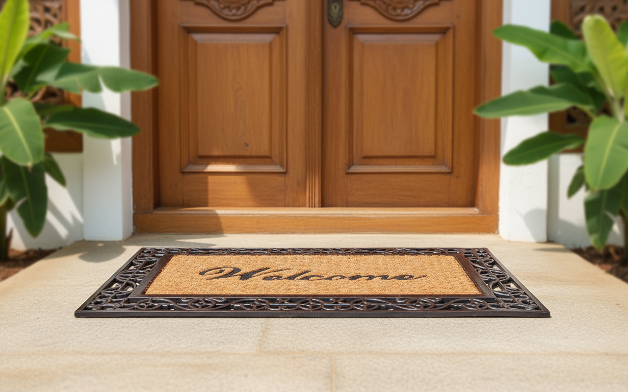Wooden door with a Coco Rubber 'Welcome' mat on a stone porch
