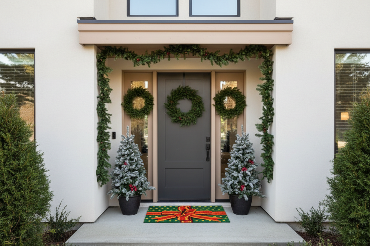 Front door of a house decorated with wreaths, garlands, and a large doormat with a bow.