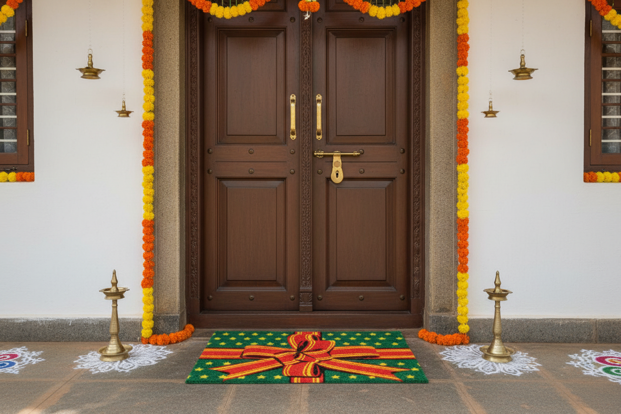 Decorative entrance with a brown door, colorful doormat, and floral arrangements.