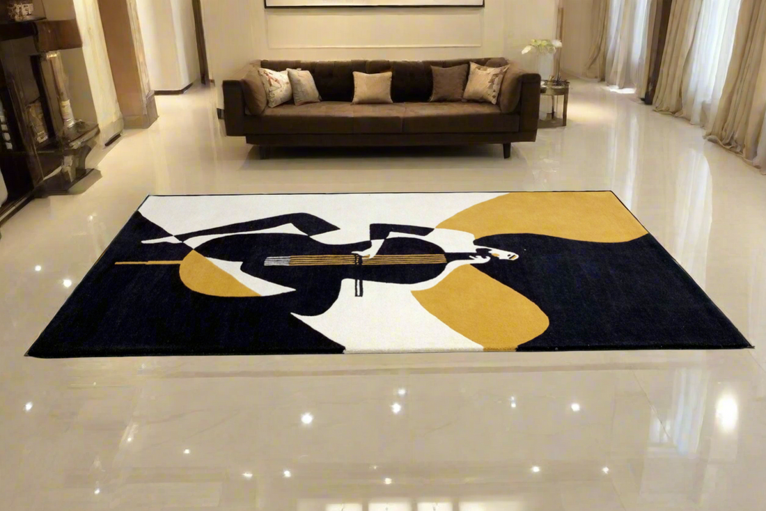 A modern geometric patterned rug made of bamboo silk, displayed in a living room setting with a sofa in the background.