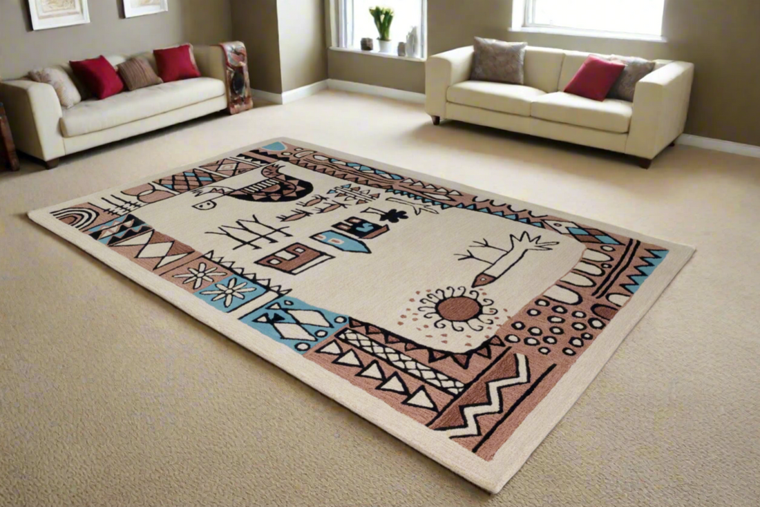 A modern geometric patterned rug made of bamboo silk, displayed in a living room setting with couches and armchairs around it.