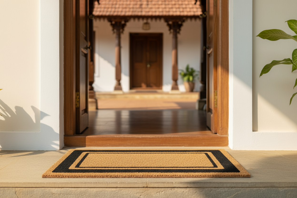Doormat in front of a house with a open door leading to a courtyard.