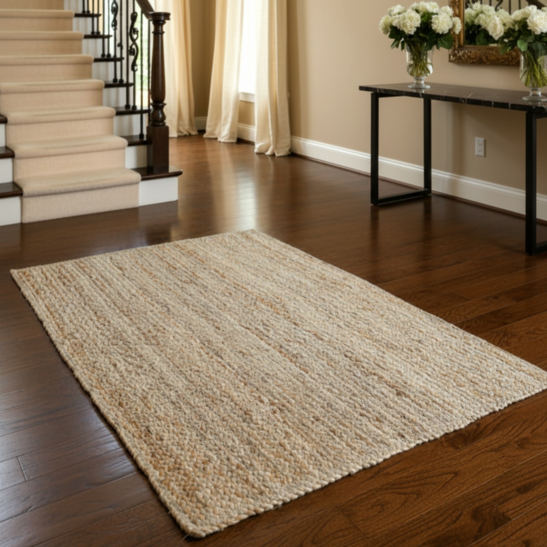 Beige jute rug on a wooden floor in a home setting with a staircase and table.