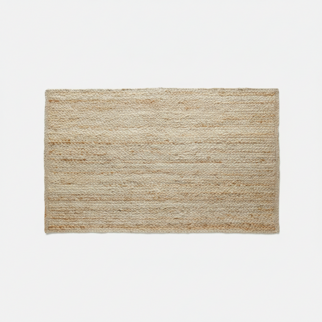 Beige woven jute rug on a white background
