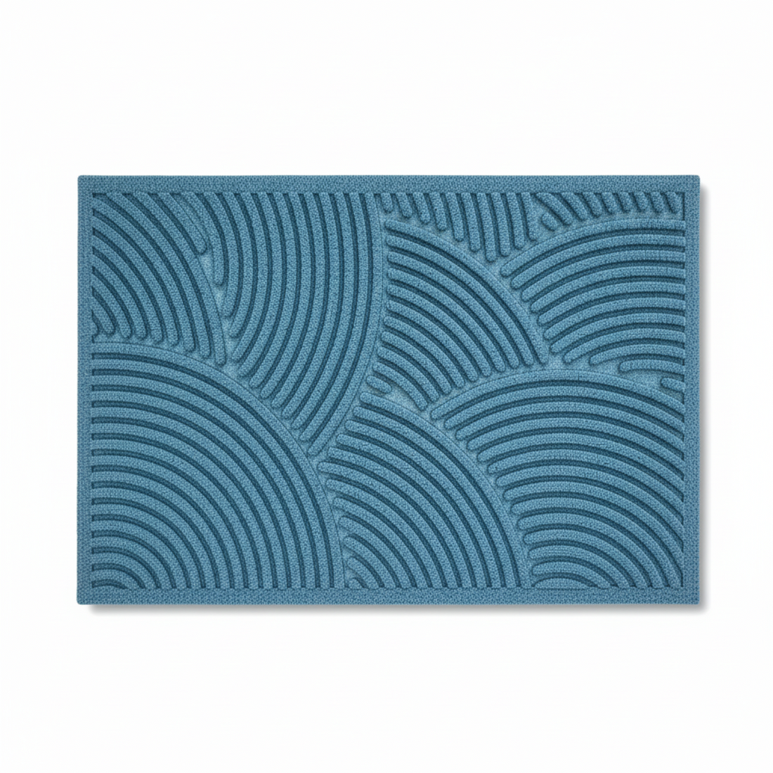 Blue textured doormat with wavy pattern on a white background