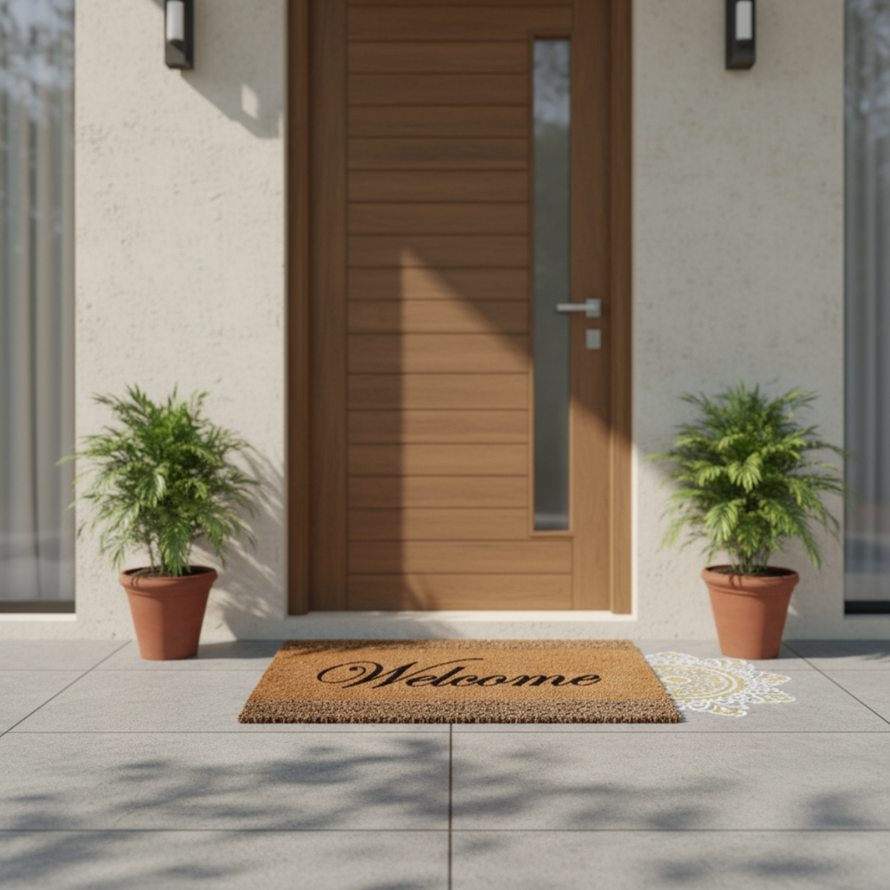 Front door with a Coir and Grass 'Welcome' doormat, potted plants, and a neutral background