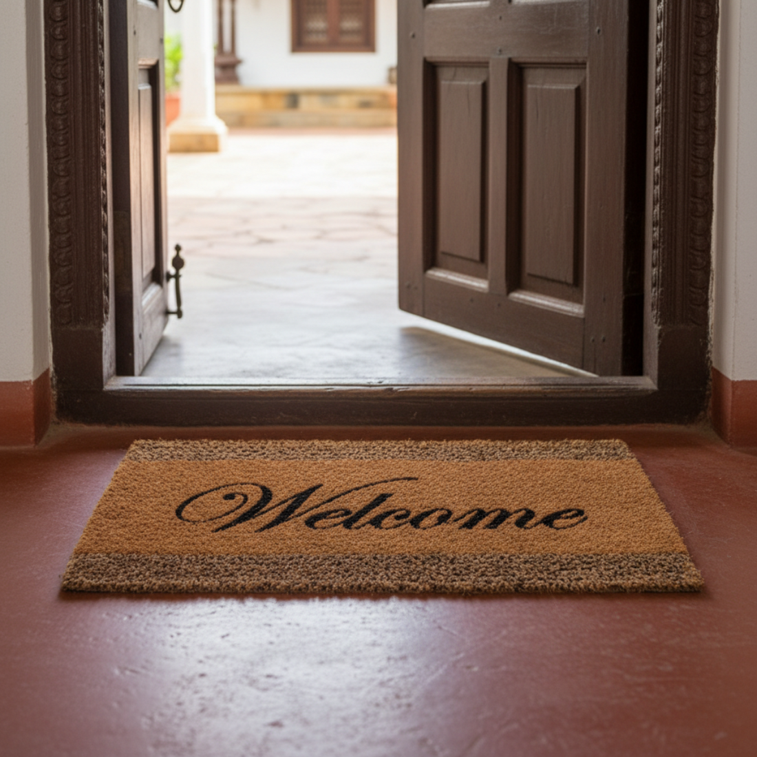 Coir and Grass Doormat with 'Welcome' text in front of an open wooden door.