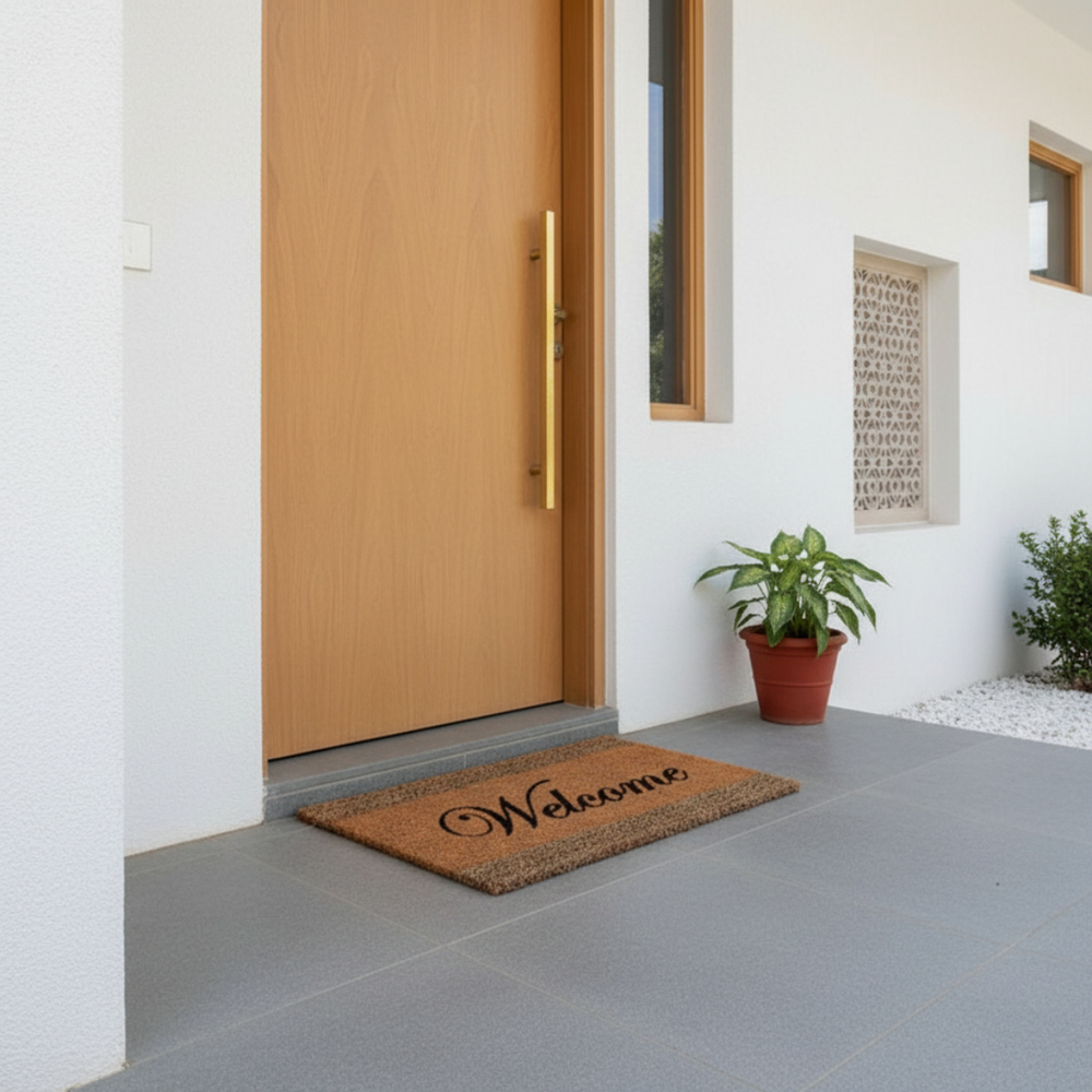 
                      
                        Wooden door with a Coir and Grass 'Welcome' mat on a grey floor, plant in the background
                      
                    