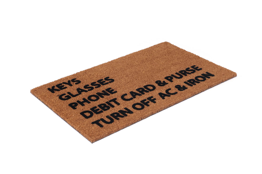 
                      
                        OnlyMat Reminder Checklist Coir Doormat with Anti-Slip Backing – "Keys, Glasses, Phone..."
                      
                    