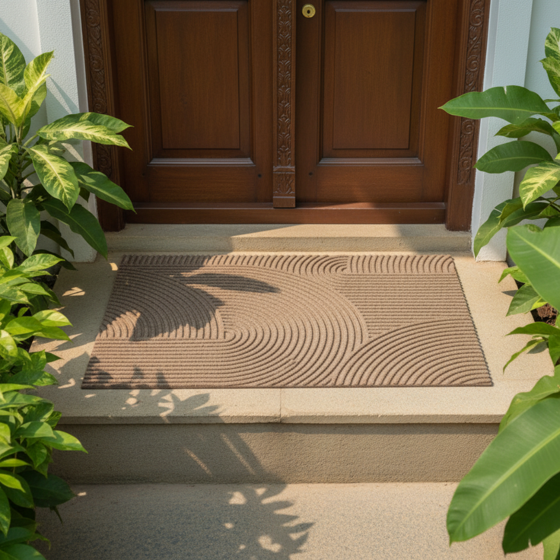 
                      
                        Doormat with leaf pattern in front of a wooden door
                      
                    