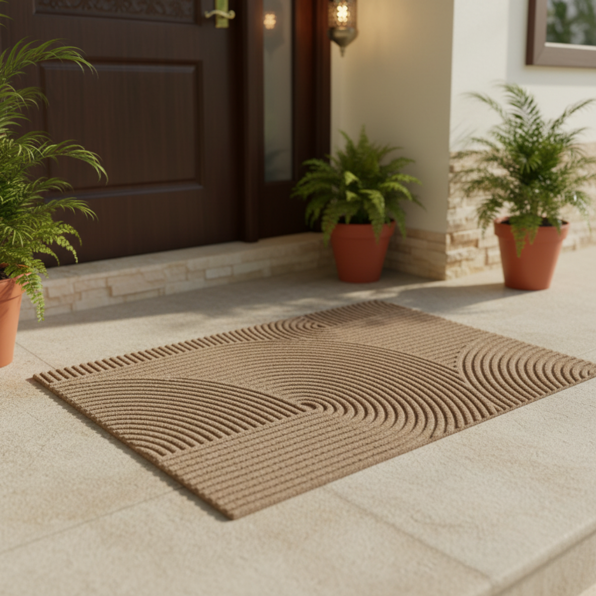 Brown doormat on a stone patio with potted plants and a door in the background