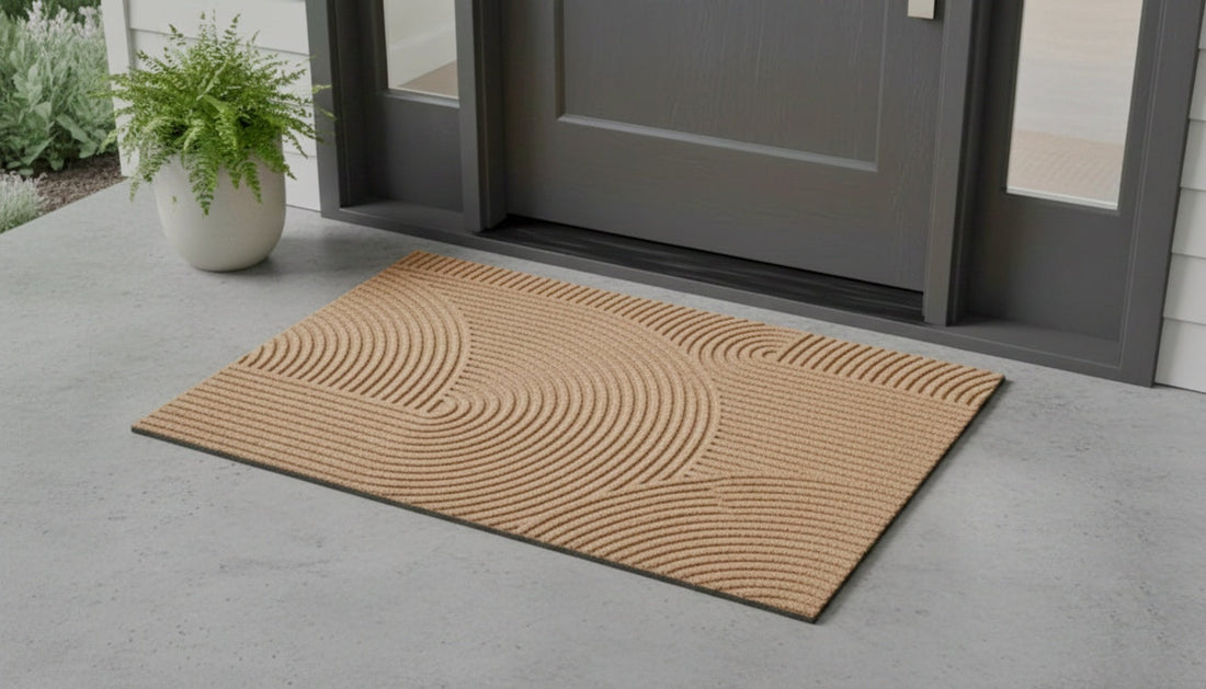 
                      
                        Beige doormat with wavy pattern on a concrete floor in front of a gray door.
                      
                    