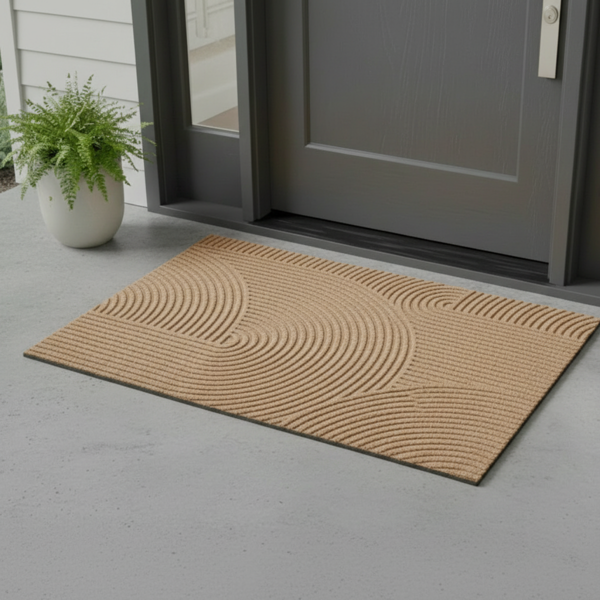 Beige doormat with circular pattern on a gray concrete floor in front of a house entrance.