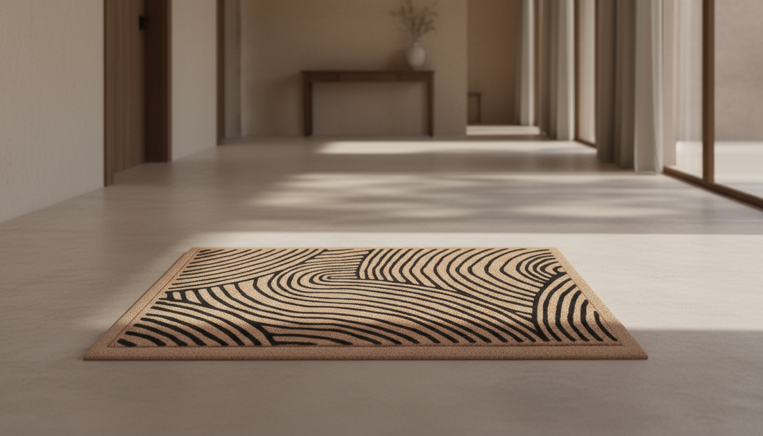 Patterned rug on a light wooden floor with a neutral color scheme