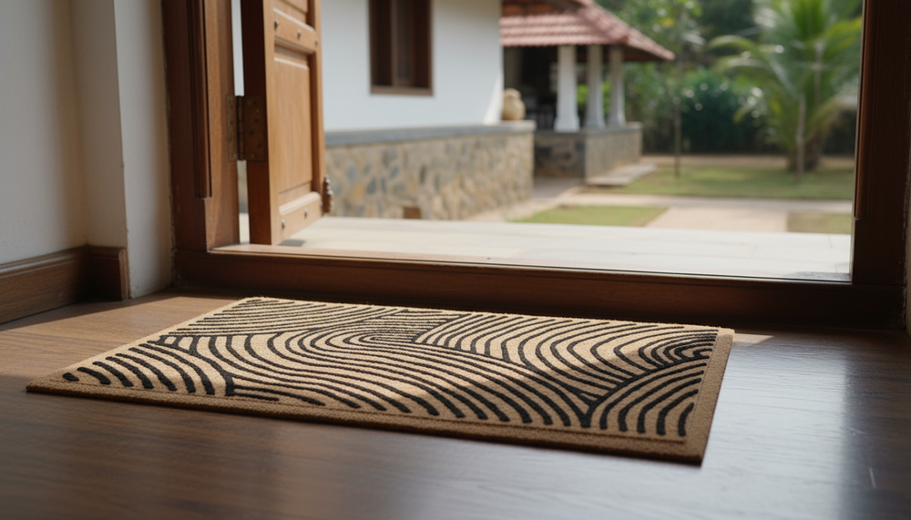 
                      
                        Doormat with wavy pattern on wooden floor in front of open door leading to garden.
                      
                    